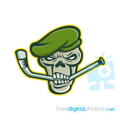 Green Beret Skull Ice Hockey Mascot Stock Image