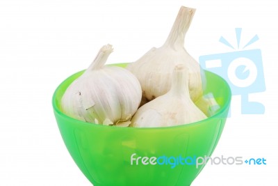 Green Bowl Of Fresh Garlic On White Stock Photo