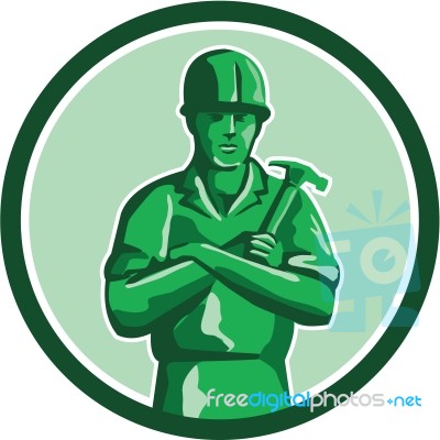 Green Builder Holding Hammer Circle Retro Stock Image