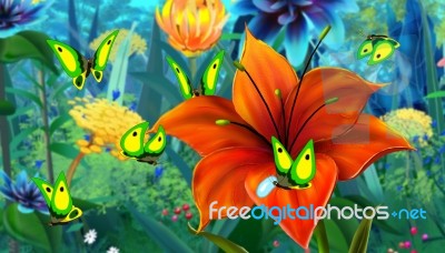 Green Butterfly And Red Flower Full Color Image Stock Image