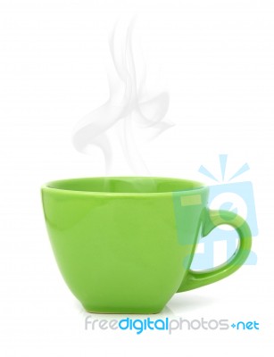 Green Cup With Hot Drink On White Background Stock Photo