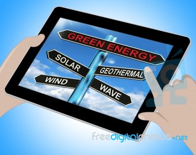 Green Energy Tablet Means Solar Wind Geothermal And Wave Stock Image