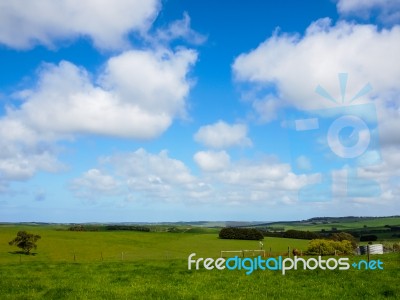 Green Fields And Blue Sky In The Valley Stock Photo