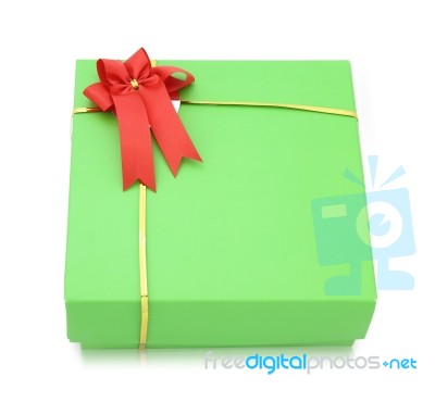 Green Gift Box With Red Ribbon Bow Isolated On White Background Stock Photo