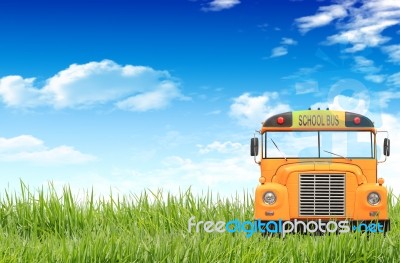 Green Grass, Blue Sky And The School Bus  Stock Photo