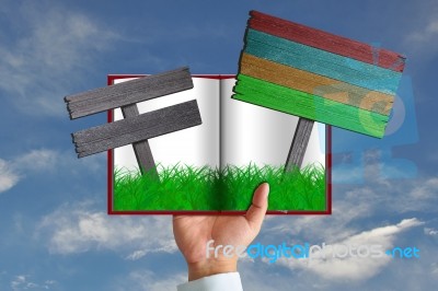 Green Grass In Book And Wooden Sign Stock Image