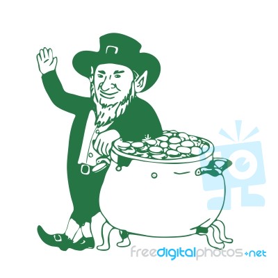 Green Leprechaun Standing By Pot Of Gold Drawing Stock Image