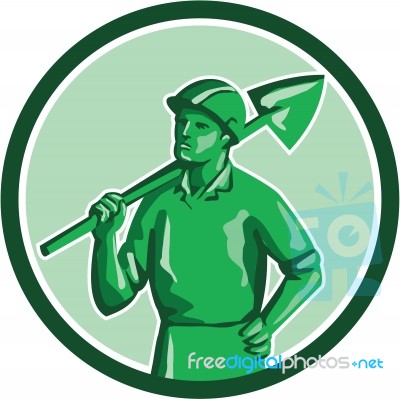 Green Miner Holding Shovel Circle Retro Stock Image