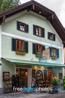 Green Painted Building And Shop In St Wolfgang Stock Photo