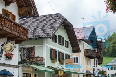 Green Painted Building And Shop In St Wolfgang Stock Photo