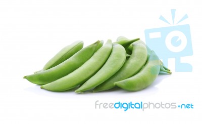 Green Peas In Pods Isolated On White Background Stock Photo