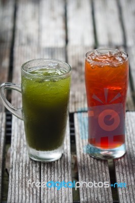 Green Pennywort Juice With Thai Lemon Tea Juice Stock Photo