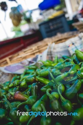 Green Peppers In A Market In India Stock Photo