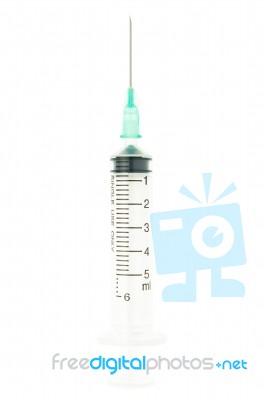 Green Syringe Isolated On White Background On Vertical View Stock Photo