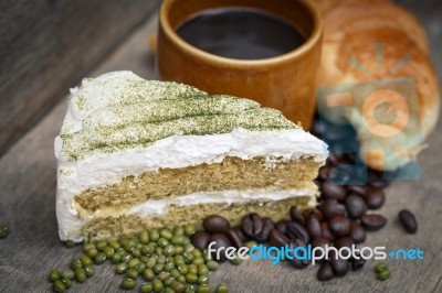 Green Tea Cake And Coffee Stock Photo