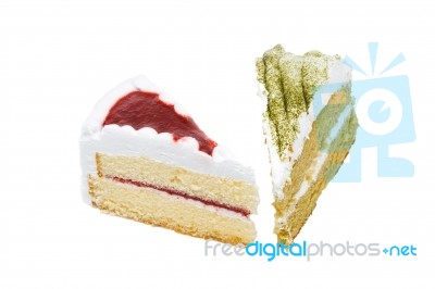 Green Tea Cake With Strawberry Cake. White Background Stock Photo