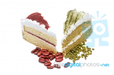 Green Tea Cake With Strawberry Cake. White Background Stock Photo