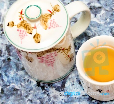 Green Tea Cup Indicates Break Time And Breaktime Stock Photo