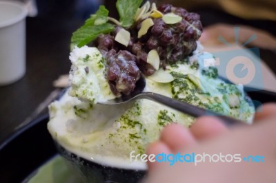 Green Tea Mochi Iced Cream And Shaved Ice Stock Photo