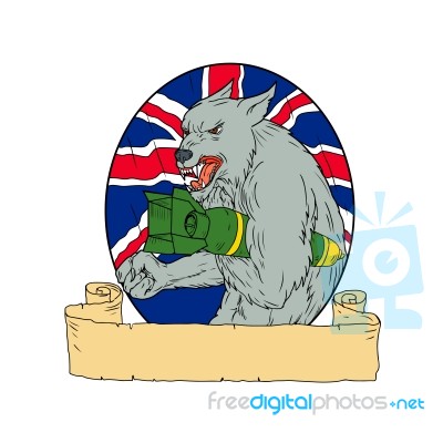 Grey Wolf Holding Bomb Union Jack Drawing Stock Image