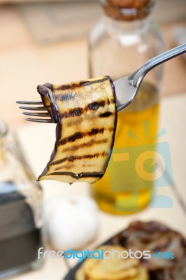 Grilled Eggplant Oubergine On A Fork Stock Photo