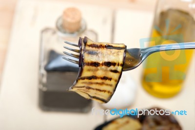 Grilled Eggplant Oubergine On A Fork Stock Photo