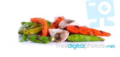 Grilled Pepper And Garlic Isolated On The White Background Stock Photo