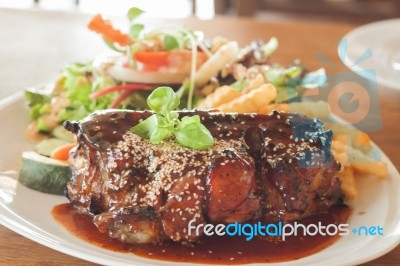 Grilled Pork Ribs With Spicy Sauce Stock Photo