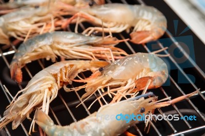 Grilled Prawns On The Grill Stock Photo