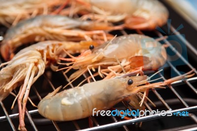 Grilled Prawns On The Grill Stock Photo