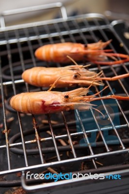 Grilled Prawns On The Grill Stock Photo