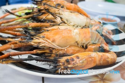 Grilled Prawns Serving On Dish Stock Photo