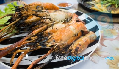 Grilled Prawns Serving On Dish Stock Photo