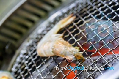 Grilling Prawn On Grill Stock Photo