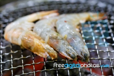 Grilling Prawn On Grill Stock Photo