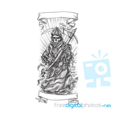 Grim Reaper Scythe Ribbon Tattoo Stock Image