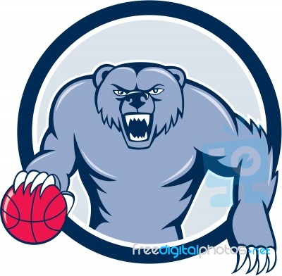 Grizzly Bear Angry Dribbling Basketball Cartoon Stock Image