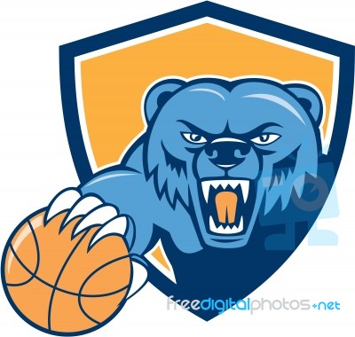 Grizzly Bear Angry Head Basketball Shield Cartoon Stock Image