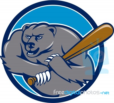 Grizzly Bear Baseball Player Batting Circle Cartoon Stock Image