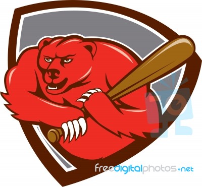 Grizzly Bear Baseball Player Batting Shield Cartoon Stock Image