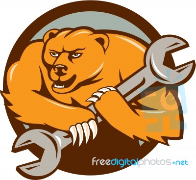 Grizzly Bear Mechanic Spanner Circle Cartoon Stock Image