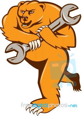 Grizzly Bear Mechanic Spanner Circle Isolated Stock Image