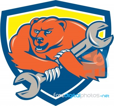 Grizzly Bear Mechanic Spanner Shield Cartoon Stock Image