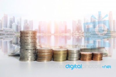 Group Of A Row Of Stack Money Coins Stock Photo