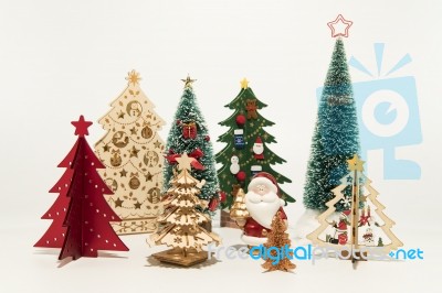 Group Of Christmas Tree With Santa Isolated On White Background Stock Photo