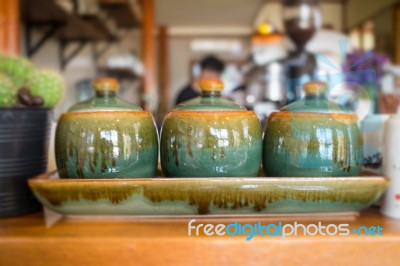 Group Of Clay Ceramic Cups Stock Photo