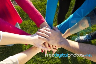 Group Of Friends Pile Up Hands As Unity Oath Stock Photo