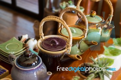 Group Of Hot Ceramic Teapots Stock Photo