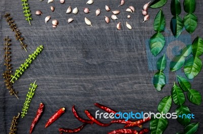 Group Of Ingredients And Condiment On Top Of The Table Stock Photo