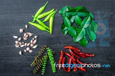 Group Of Ingredients And Condiment On Top Of The Table Stock Photo